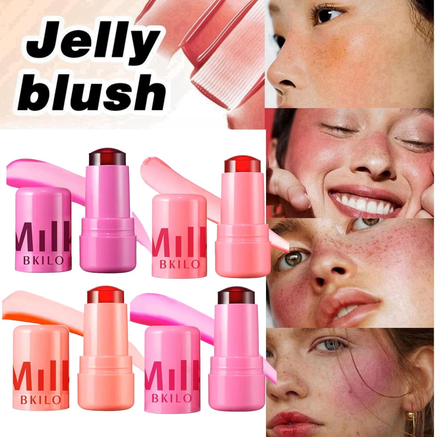 4pcs Milk Jelly Blush Stick,Milk Jelly Tint Stick,Makeup Jelly Tint Set,Cooling Water Jelly Tint,3 in 1 Cream Blush Stick,Cream Contour Stick for Cheeks Lips Eyes,Lip Stains Tints,Blusher Stick-8