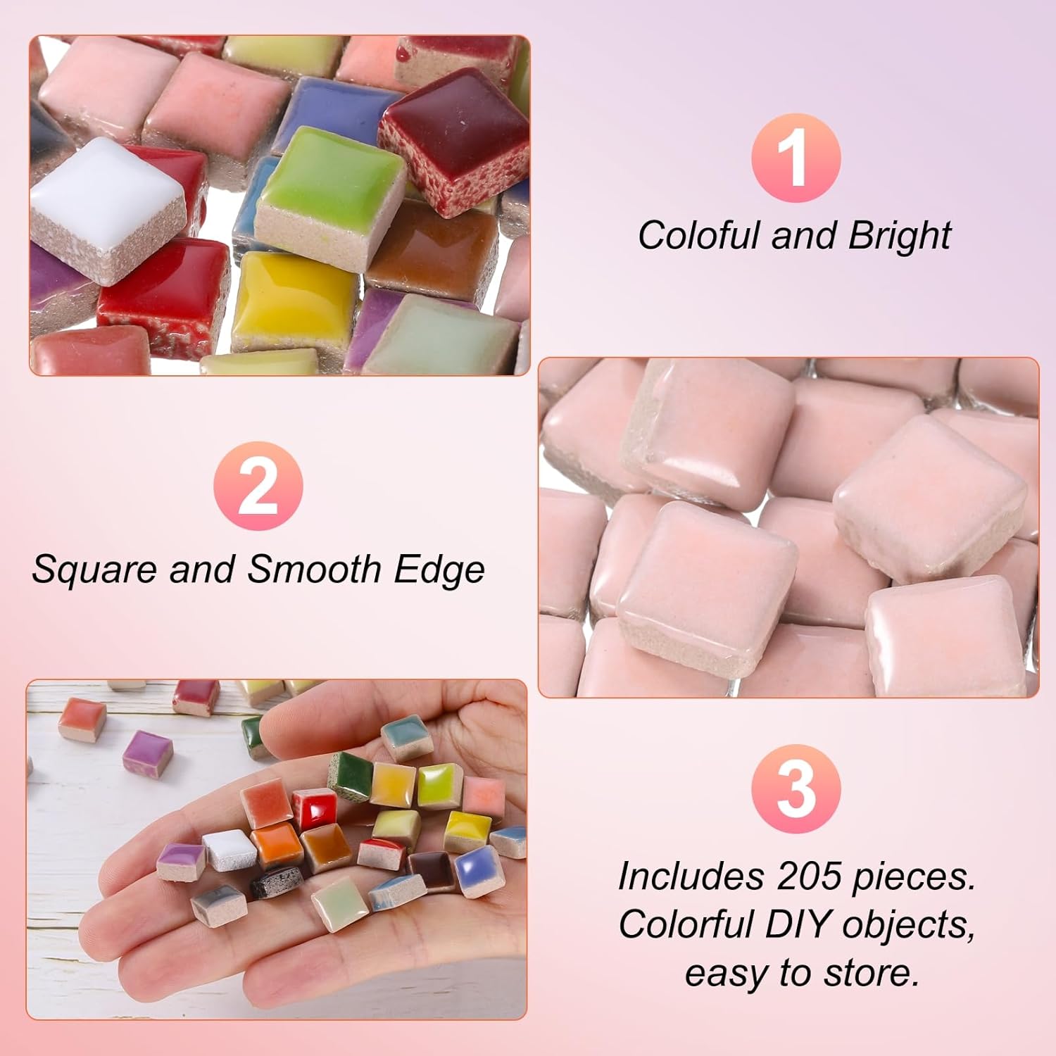 sourcing map 205pcs Ceramic Mosaic Tiles, Bulk Stained Ceramic Mosaic Tiles Square Mosaic Kits for DIY Art Crafts, Handmade Art Craft Projects for Home Decor(200g, Pink)-2