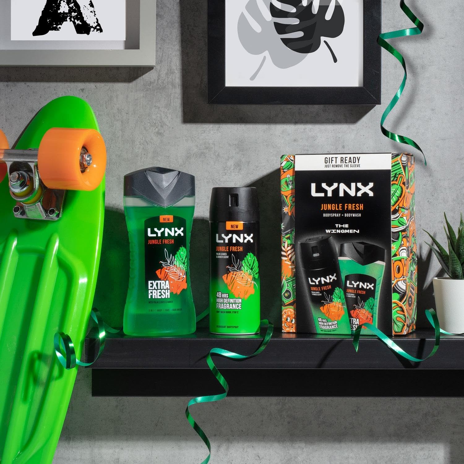 Lynx THE WINGMEN Jungle Fresh 48H Odour Protection Body Spray 150 ml and 3-in-1 Hair, Face and Body Wash 225 ml 2 Pieces Ready to Wrap Gift Set for Him,4pk-1