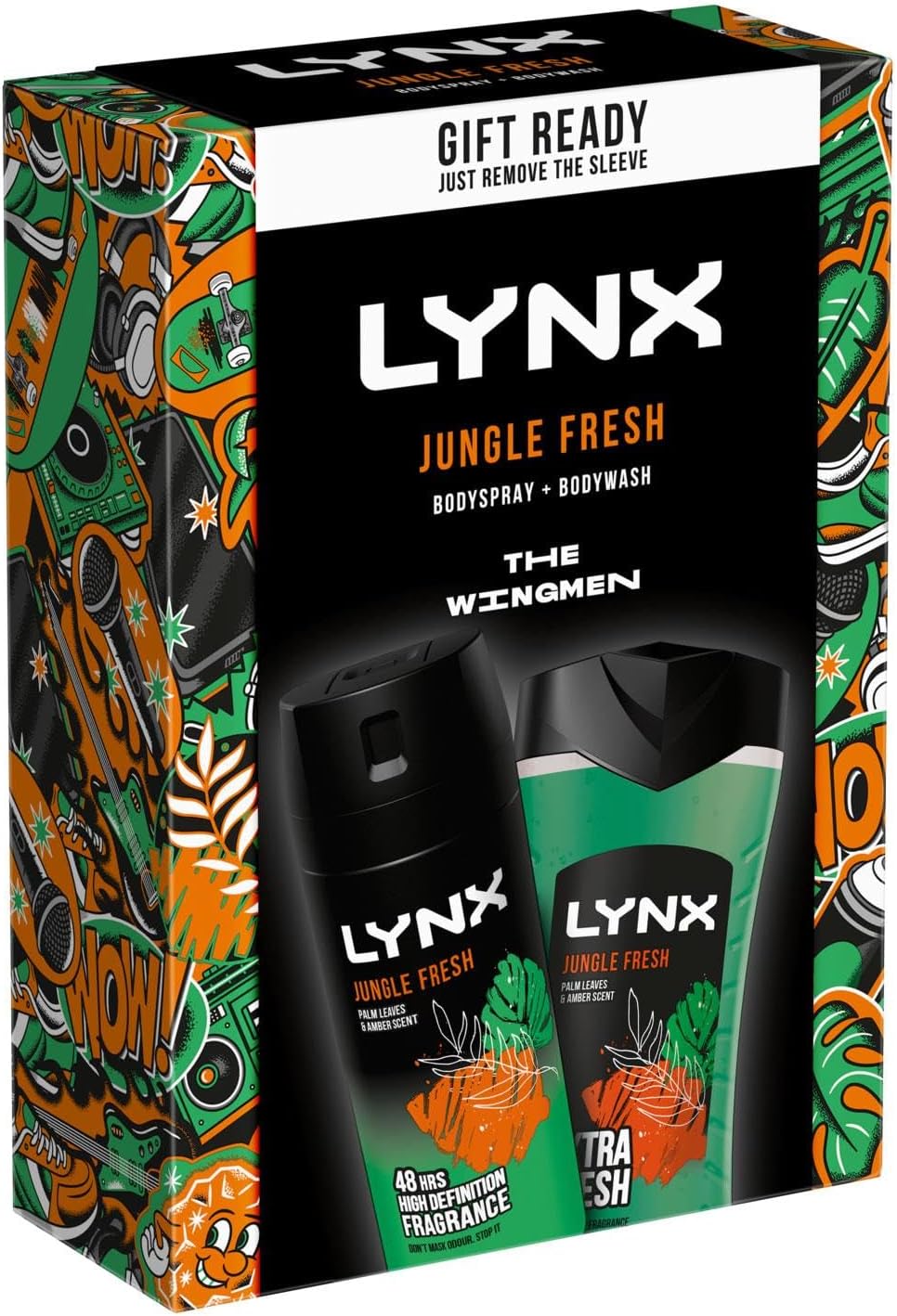 Lynx THE WINGMEN Jungle Fresh 48H Odour Protection Body Spray 150 ml and 3-in-1 Hair, Face and Body Wash 225 ml 2 Pieces Ready to Wrap Gift Set for Him,4pk-2