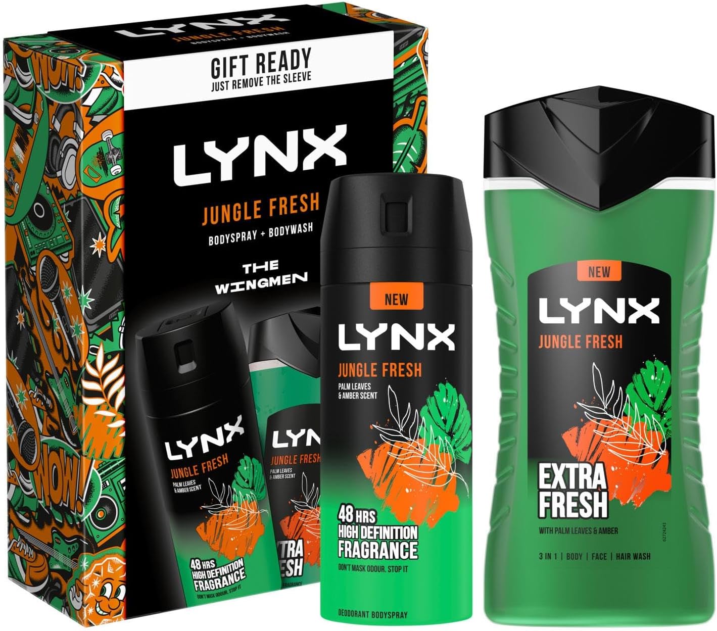 Lynx THE WINGMEN Jungle Fresh 48H Odour Protection Body Spray 150 ml and 3-in-1 Hair, Face and Body Wash 225 ml 2 Pieces Ready to Wrap Gift Set for Him,4pk-3