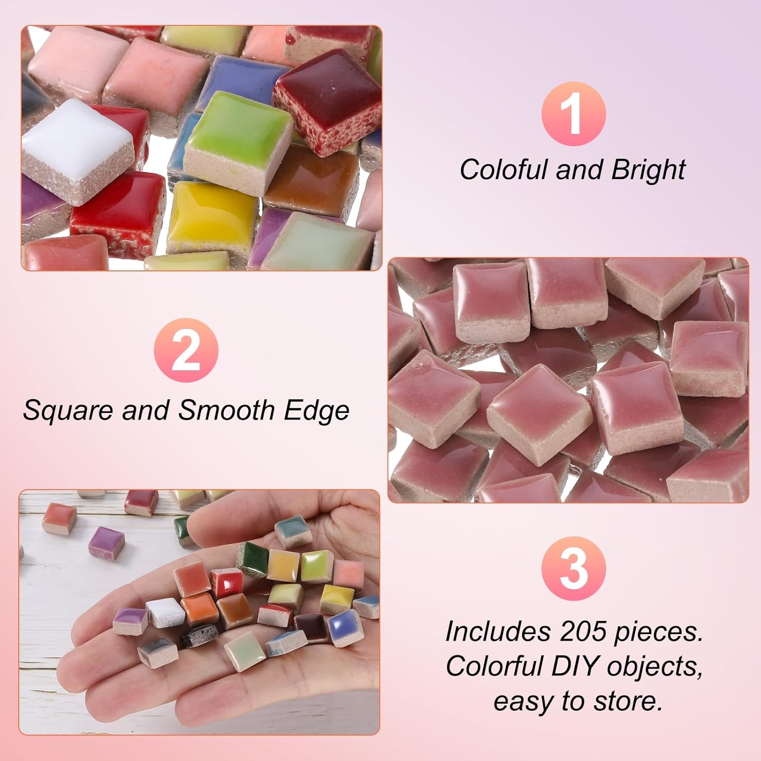 sourcing map 205pcs Ceramic Mosaic Tiles, Bulk Stained Ceramic Mosaic Tiles Square Mosaic Kits for DIY Art Crafts, Handmade Art Craft Projects for Home Decor(200g, Light Red)-2