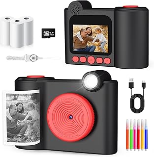 AKTETCN Kids Camera Instant Print Camera Toys, 1080P HD Digital Toddler Camera with 32G SD Card, 3 Rolls Photo Paper & 6 Color Pens, for Girls Boys 4 5 6 7 8 9 10 11 12 Years Old (Purple) (Black)