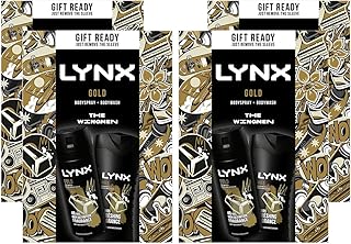 Lynx THE WINGMEN Gold Oud Wood & Vanilla 48H Odour Protection Body Spray 150 ml and 12H Refreshing Body Wash 225 ml 2 Pieces Ready to Wrap Gift Set for Him,4pk