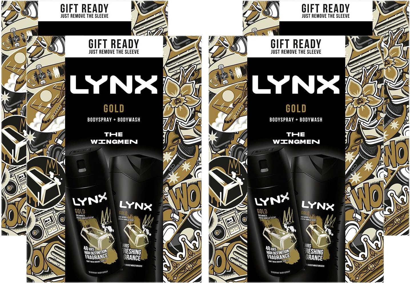 Lynx THE WINGMEN Gold Oud Wood & Vanilla 48H Odour Protection Body Spray 150 ml and 12H Refreshing Body Wash 225 ml 2 Pieces Ready to Wrap Gift Set for Him,4pk-0