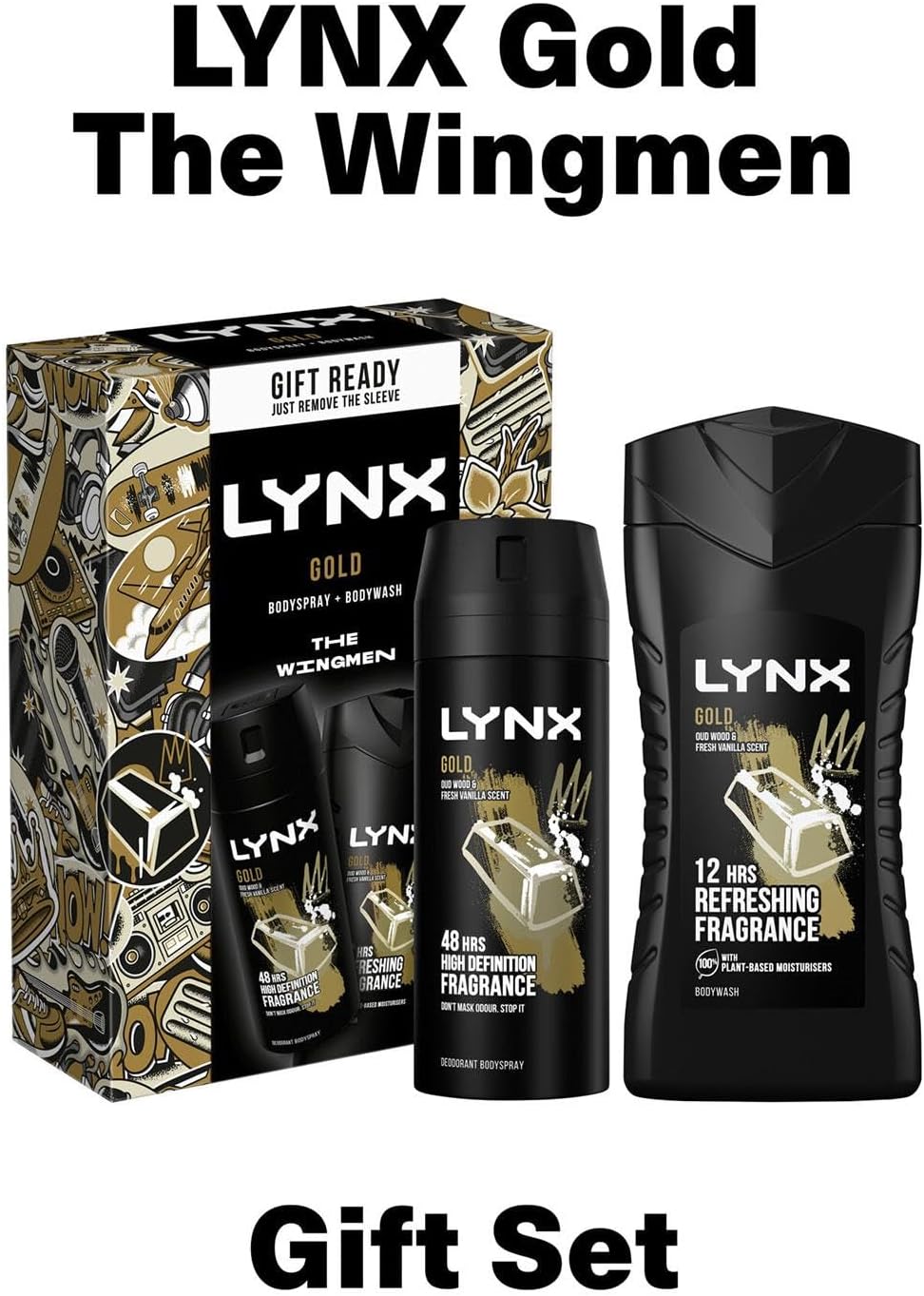 Lynx THE WINGMEN Gold Oud Wood & Vanilla 48H Odour Protection Body Spray 150 ml and 12H Refreshing Body Wash 225 ml 2 Pieces Ready to Wrap Gift Set for Him,4pk-2