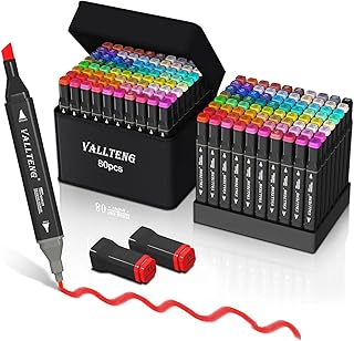 Vallteng Permanent Art Markers 80 Colors Twin Marker Pen Broad Fine Point Black Animation Design for Drawing Coloring, with Carrying Case and Base