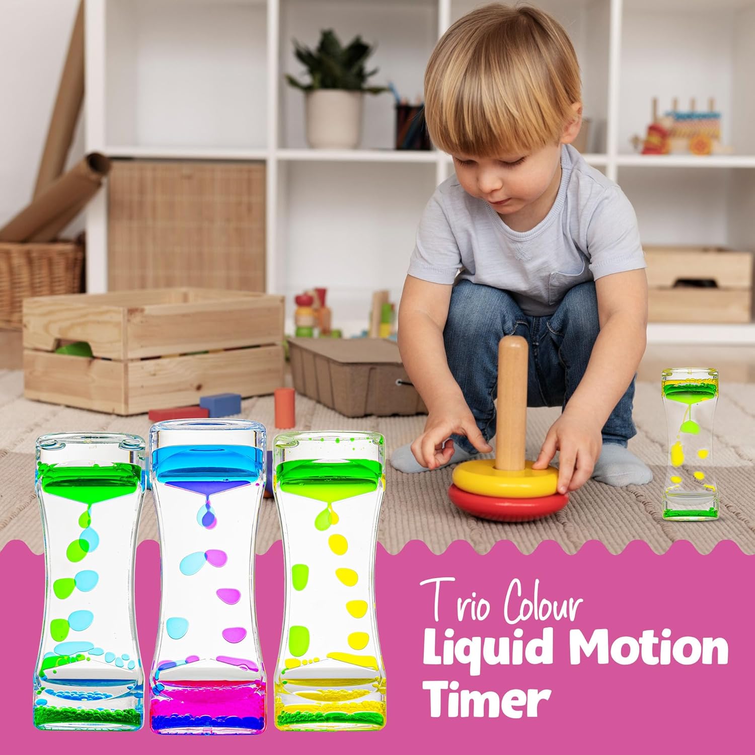 Tink n Stink Trio Colour Liquid Motion Timer – Calming Bubble Timer Sensory Toy – Colourful Water Timer Sensory Tool Spiral Timer for Autism, ADHD, SPD – Blue/Pink-2