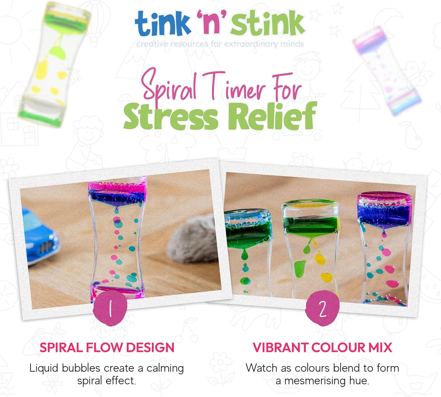 Tink n Stink Trio Colour Liquid Motion Timer – Calming Bubble Timer Sensory Toy – Colourful Water Timer Sensory Tool Spiral Timer for Autism, ADHD, SPD – Blue/Pink-6