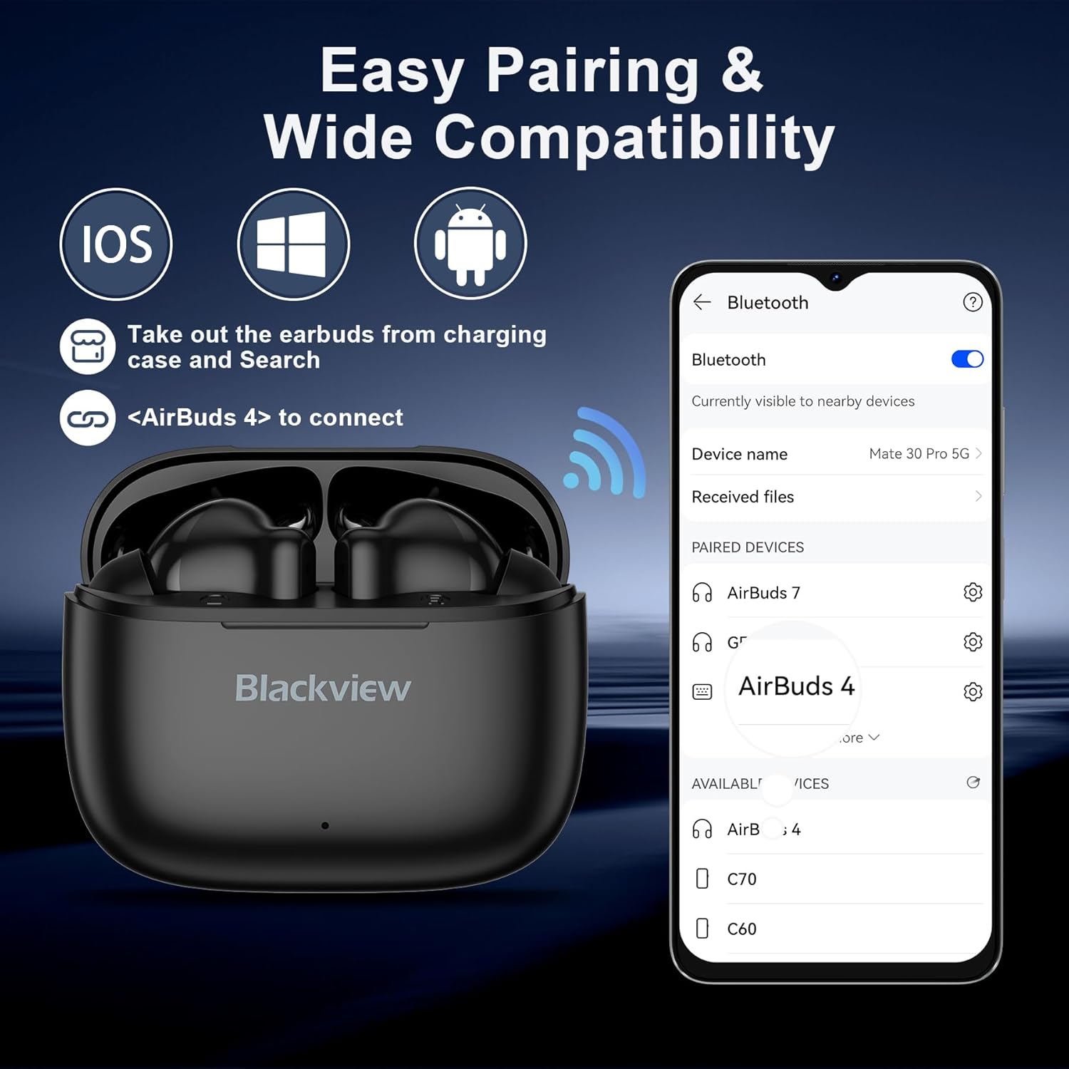 Blackview AirBuds 4 Bluetooth Headphones, Bluetooth 5.3 Wireless In-Ear Headphones with Mic, Low Noise Wireless Earphones, 36H, Touch Control, for iPhone/Samsung/Android-3