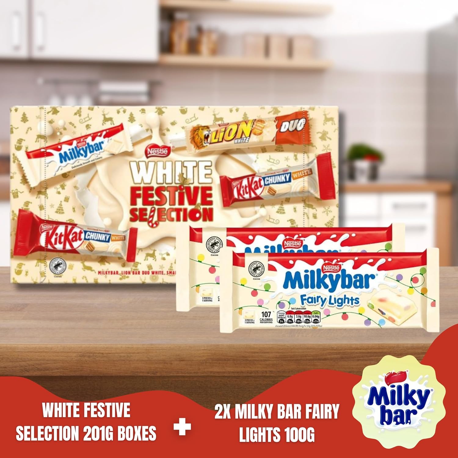 White Chocolate Selection Box Bundle With Delicious White Selection Chocolate Selection Box 201g and Milky Bar Fairy Lights White Chocolate Sharing Bar 100g x2 (3 Pack)-1