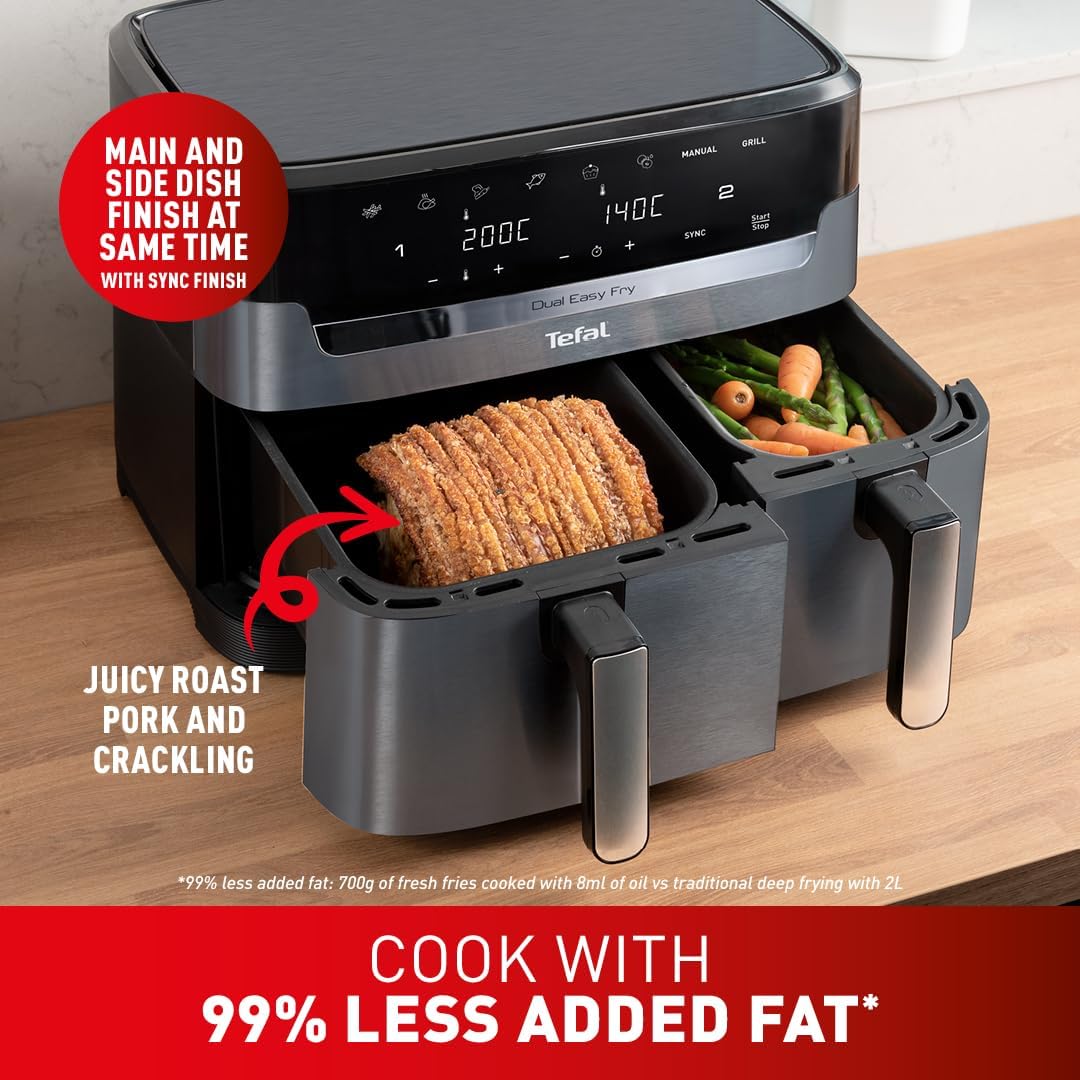 Tefal XXL Dual Easy Fry 11L, XXL Dual air fryer, +8 people, spacious baskets up to 3kg, 7 pre-sets programs, Java, EY942BG0-3