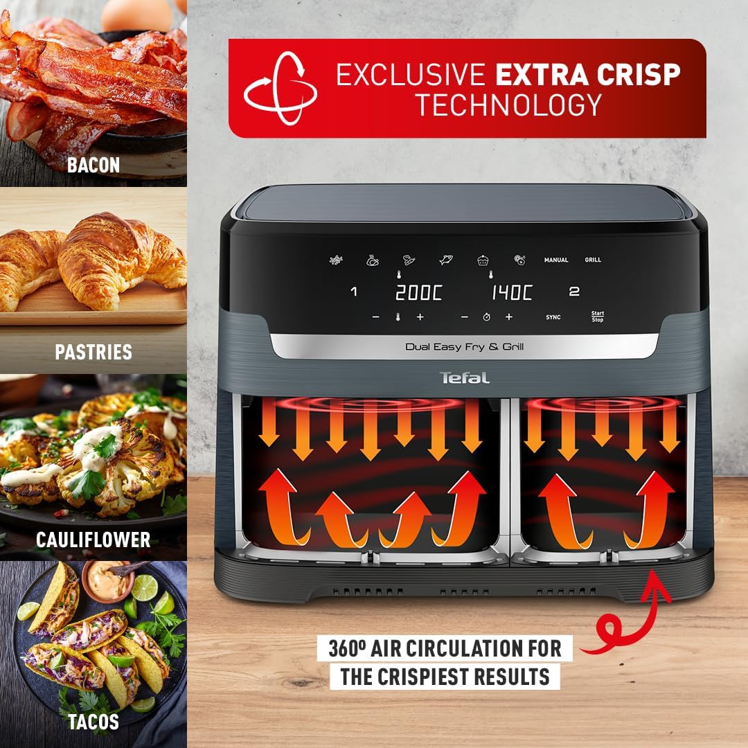 Tefal XXL Dual Easy Fry 11L, XXL Dual air fryer, +8 people, spacious baskets up to 3kg, 7 pre-sets programs, Java, EY942BG0-4