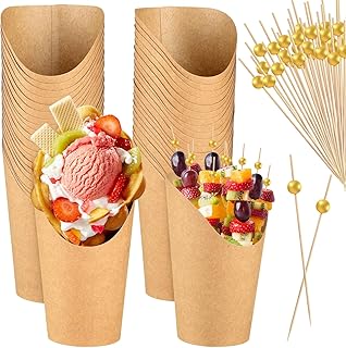 ASTARON 50 Disposable Charcuterie Cups with Sticks, French Fry Holder Snack Cups for Cocktail Party 12 oz Paper Appetizer Cups with 200 Skewers Toothpicks for Party Supplies