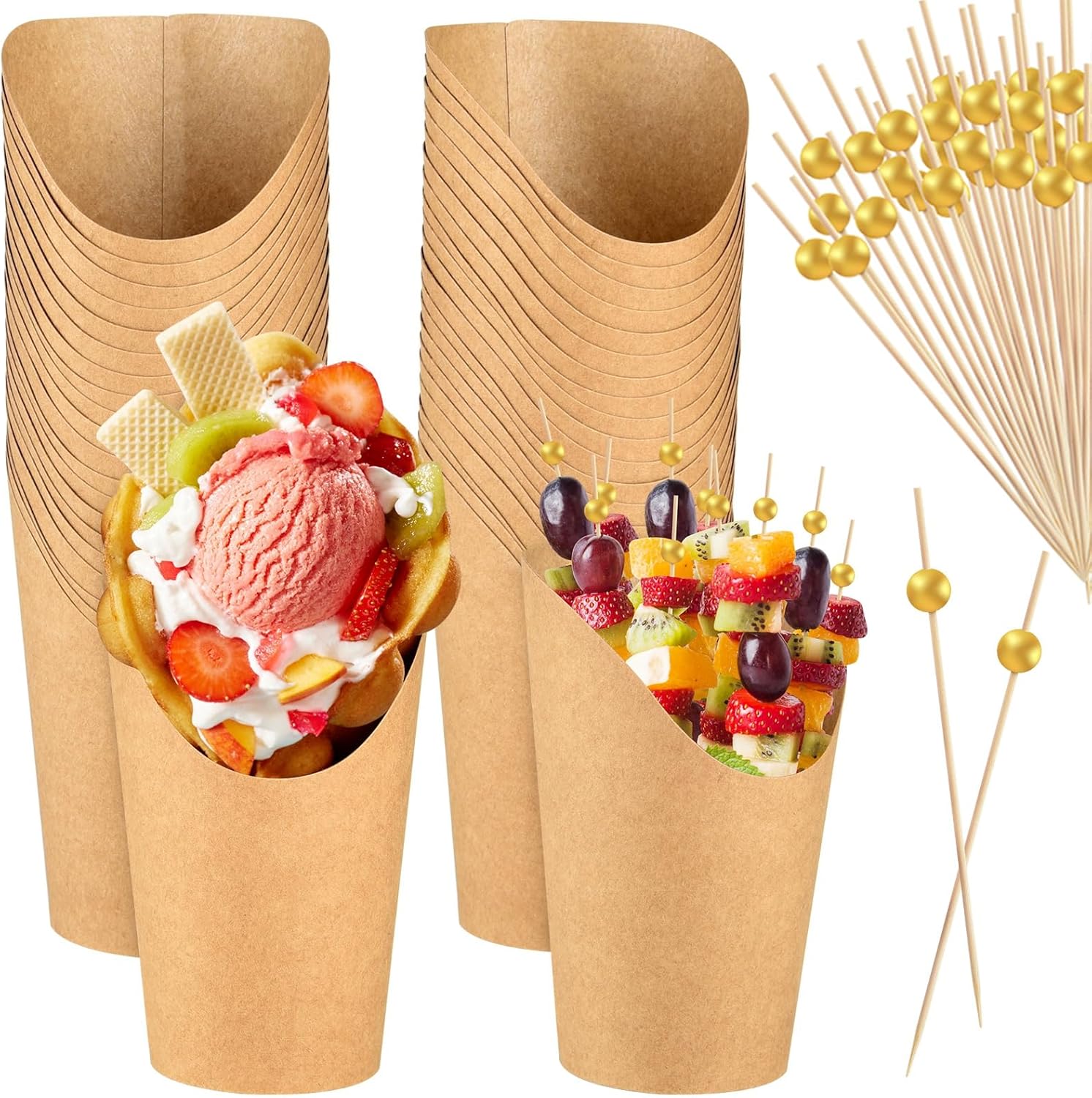 ASTARON 50 Disposable Charcuterie Cups with Sticks, French Fry Holder Snack Cups for Cocktail Party 12 oz Paper Appetizer Cups with 200 Skewers Toothpicks for Party Supplies-0