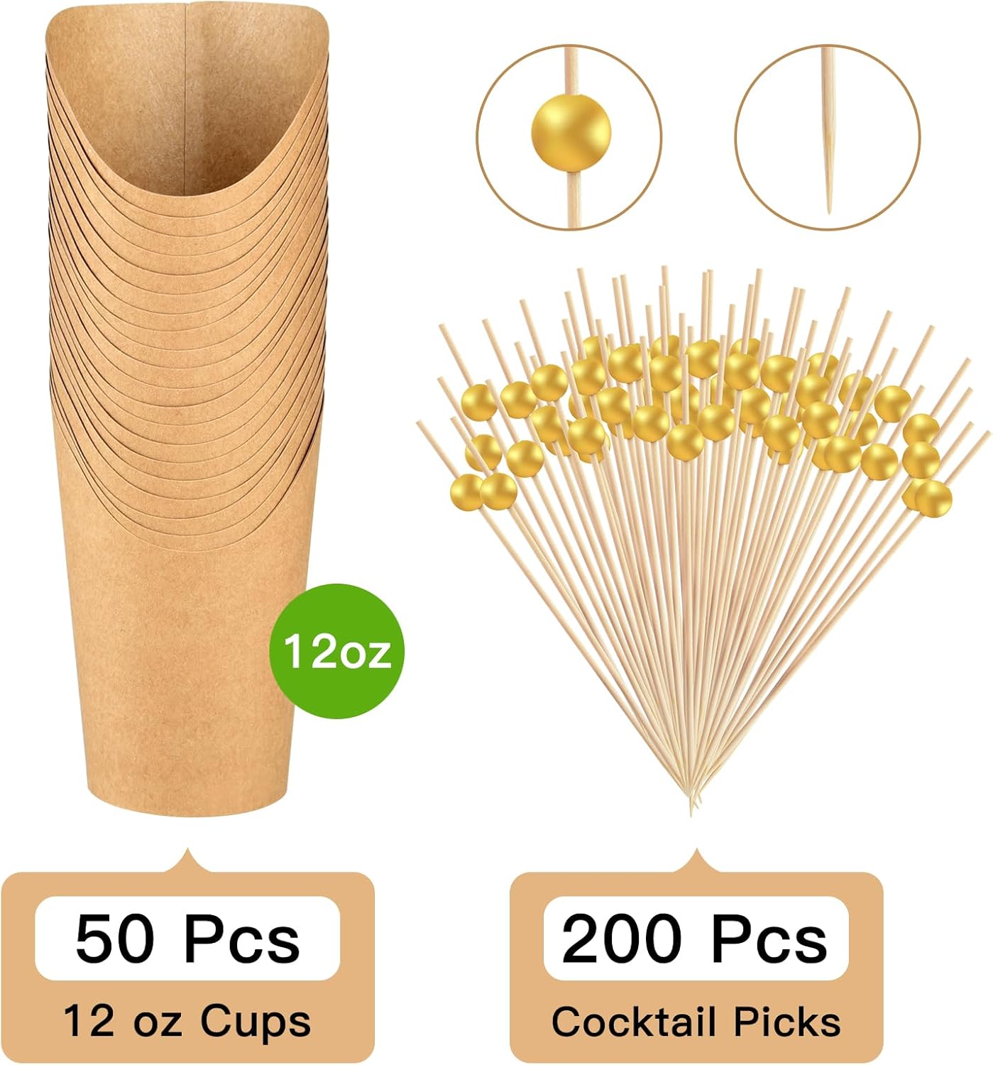 ASTARON 50 Disposable Charcuterie Cups with Sticks, French Fry Holder Snack Cups for Cocktail Party 12 oz Paper Appetizer Cups with 200 Skewers Toothpicks for Party Supplies-2