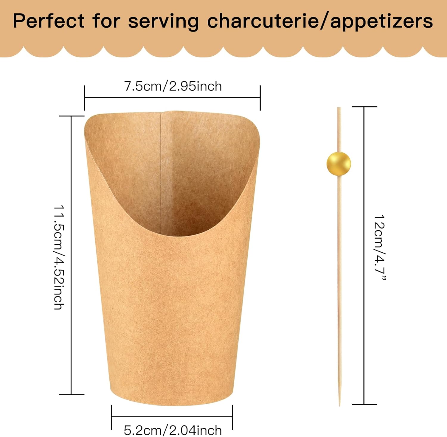 ASTARON 50 Disposable Charcuterie Cups with Sticks, French Fry Holder Snack Cups for Cocktail Party 12 oz Paper Appetizer Cups with 200 Skewers Toothpicks for Party Supplies-3