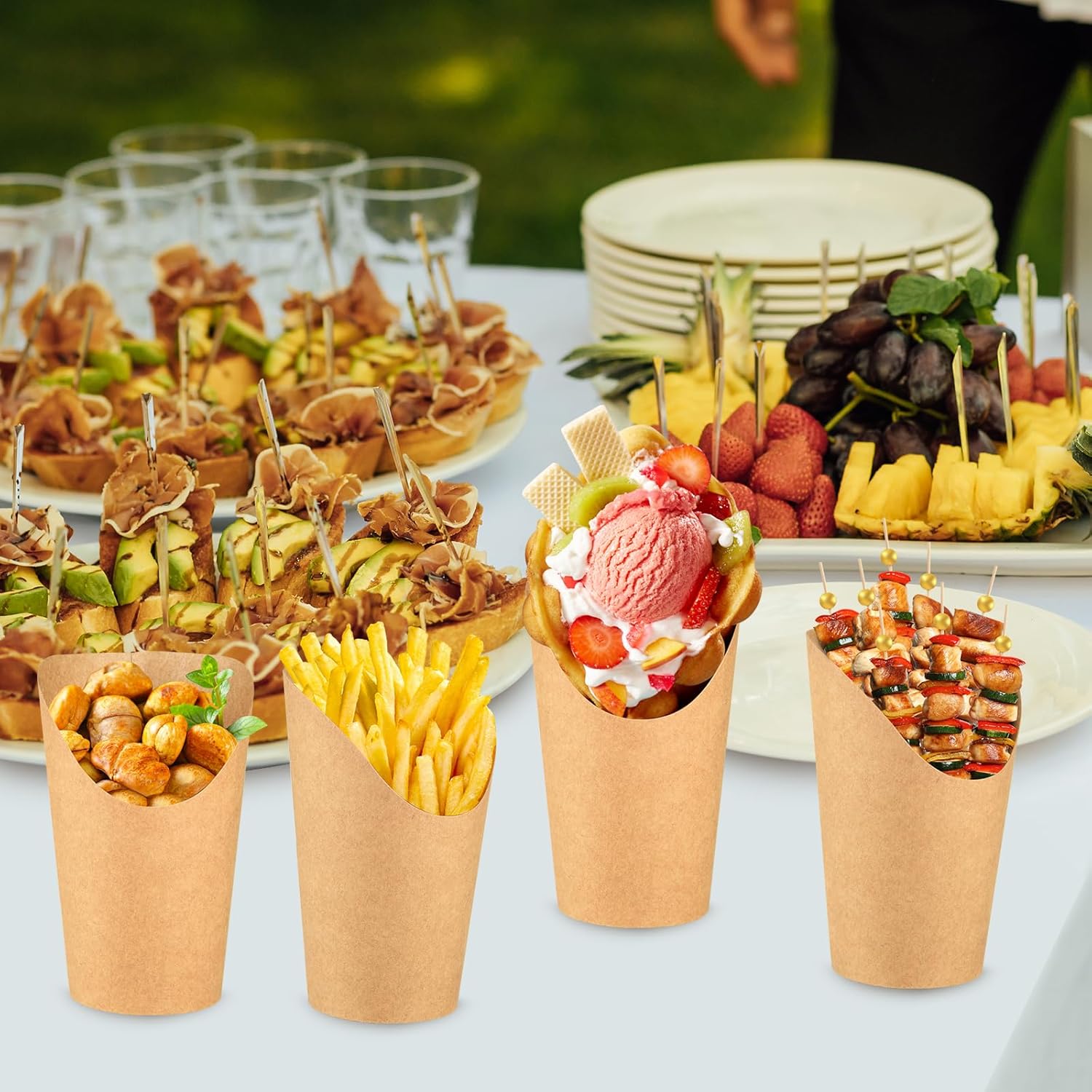 ASTARON 50 Disposable Charcuterie Cups with Sticks, French Fry Holder Snack Cups for Cocktail Party 12 oz Paper Appetizer Cups with 200 Skewers Toothpicks for Party Supplies-6