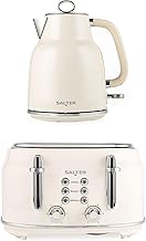 Salter Retro Kettle & Toaster Set – 1.7L Fast Boil Kettle with Removable Limescale Filter, 4-Slice Wide Slot Toaster, Thick Bread, High Lift Eject, Blue Indicator Lights, 3kW/1630W, Cream, COMBO-9352