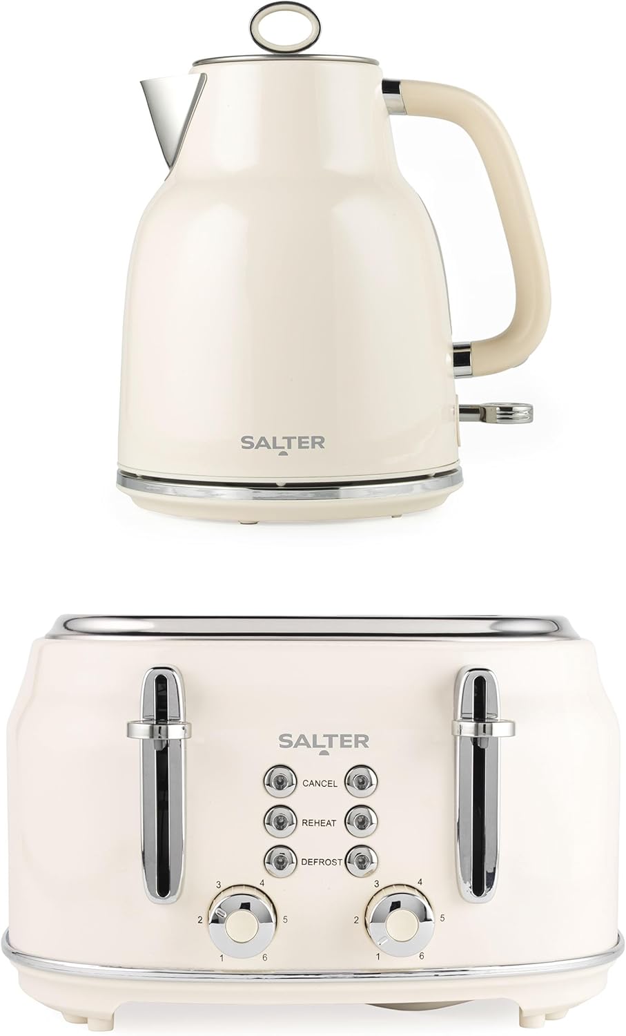 Salter Retro Kettle & Toaster Set – 1.7L Fast Boil Kettle with Removable Limescale Filter, 4-Slice Wide Slot Toaster, Thick Bread, High Lift Eject, Blue Indicator Lights, 3kW/1630W, Cream, COMBO-9352-0