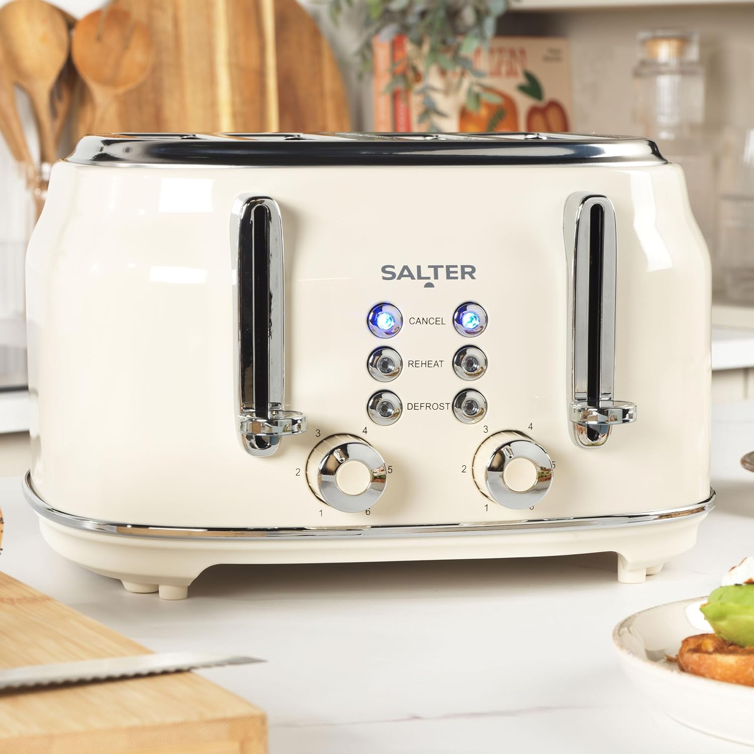 Salter Retro Kettle & Toaster Set – 1.7L Fast Boil Kettle with Removable Limescale Filter, 4-Slice Wide Slot Toaster, Thick Bread, High Lift Eject, Blue Indicator Lights, 3kW/1630W, Cream, COMBO-9352-4