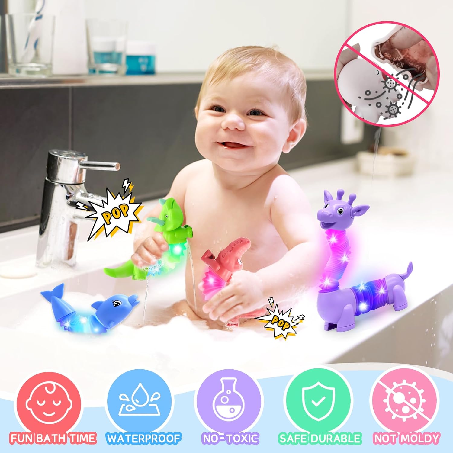 2024 Upgraded JIJI&CUI 4 Pcs Light up Bath Toys for Baby, Sensory Toys for Autism,Baby Bath Toys with LED Light for 3-6 Boys Girls-2