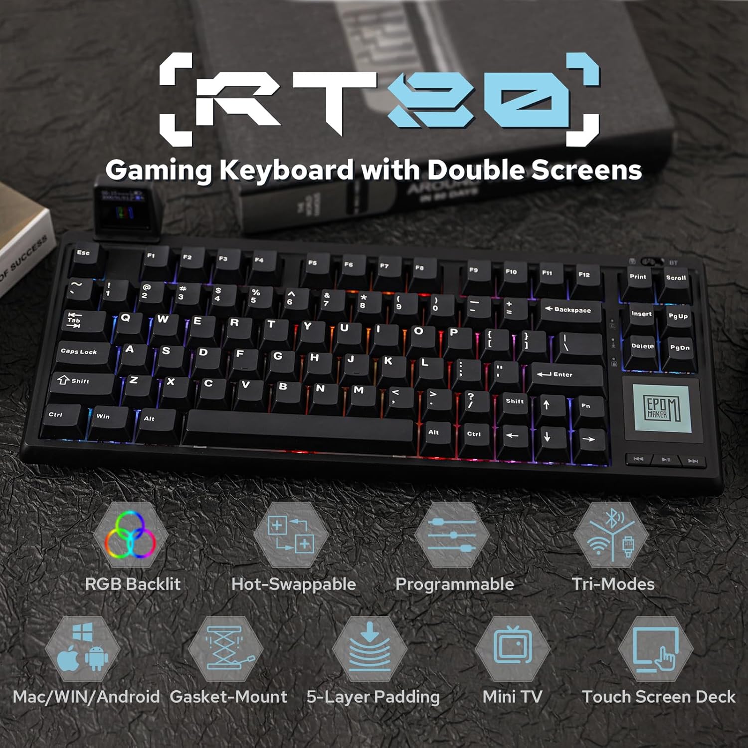 EPOMAKER RT80 Wireless Gaming Keyboard, Tri-mode 75% Mechanical Keyboard, Hot-swap Creamy Custom Keyboard, with Touch Screen, Mini Display, NKRO for Office (Black, Wisteria Linear Switch)-1