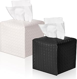 2 Packs Tissue Box Cover, PU Leather Tissue Box Holder Modern Square Tissue Box Covers Square Tissue Box Cover Facial Tissue Cube Paper Organizer for Bathroom, Living Room, Bedroom(Black/Beige)