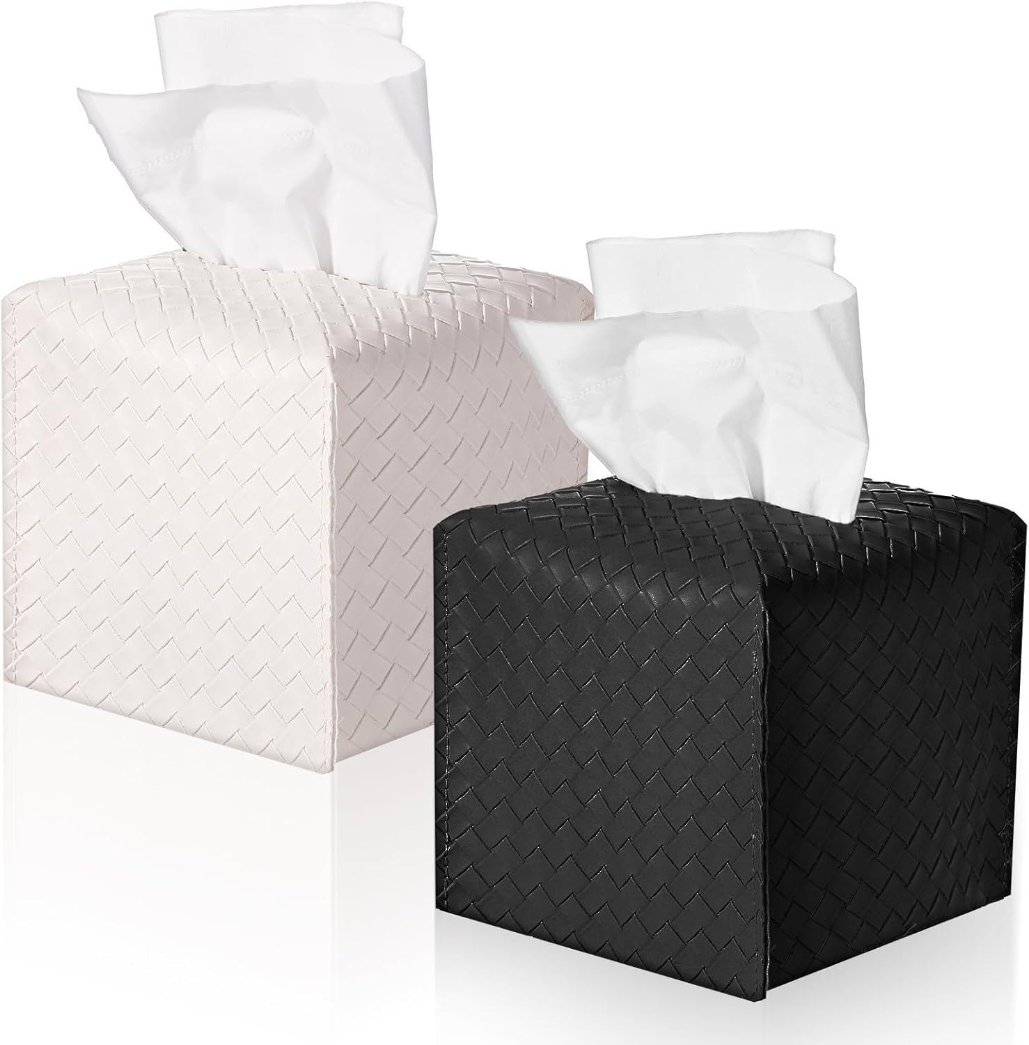 2 Packs Tissue Box Cover, PU Leather Tissue Box Holder Modern Square Tissue Box Covers Square Tissue Box Cover Facial Tissue Cube Paper Organizer for Bathroom, Living Room, Bedroom(Black/Beige)-0