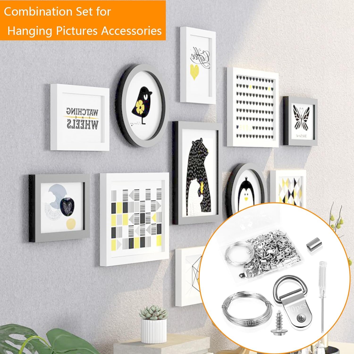 benlidoner 212pcs Picture Hooks Picture Hanging Kit Heavy Duty Picture Hangers Photo Frame Hooks with 70 D Ring 70 Screws Wire Crimping Loop Sleeve for Mirrors Decor Paintings Fixing-4