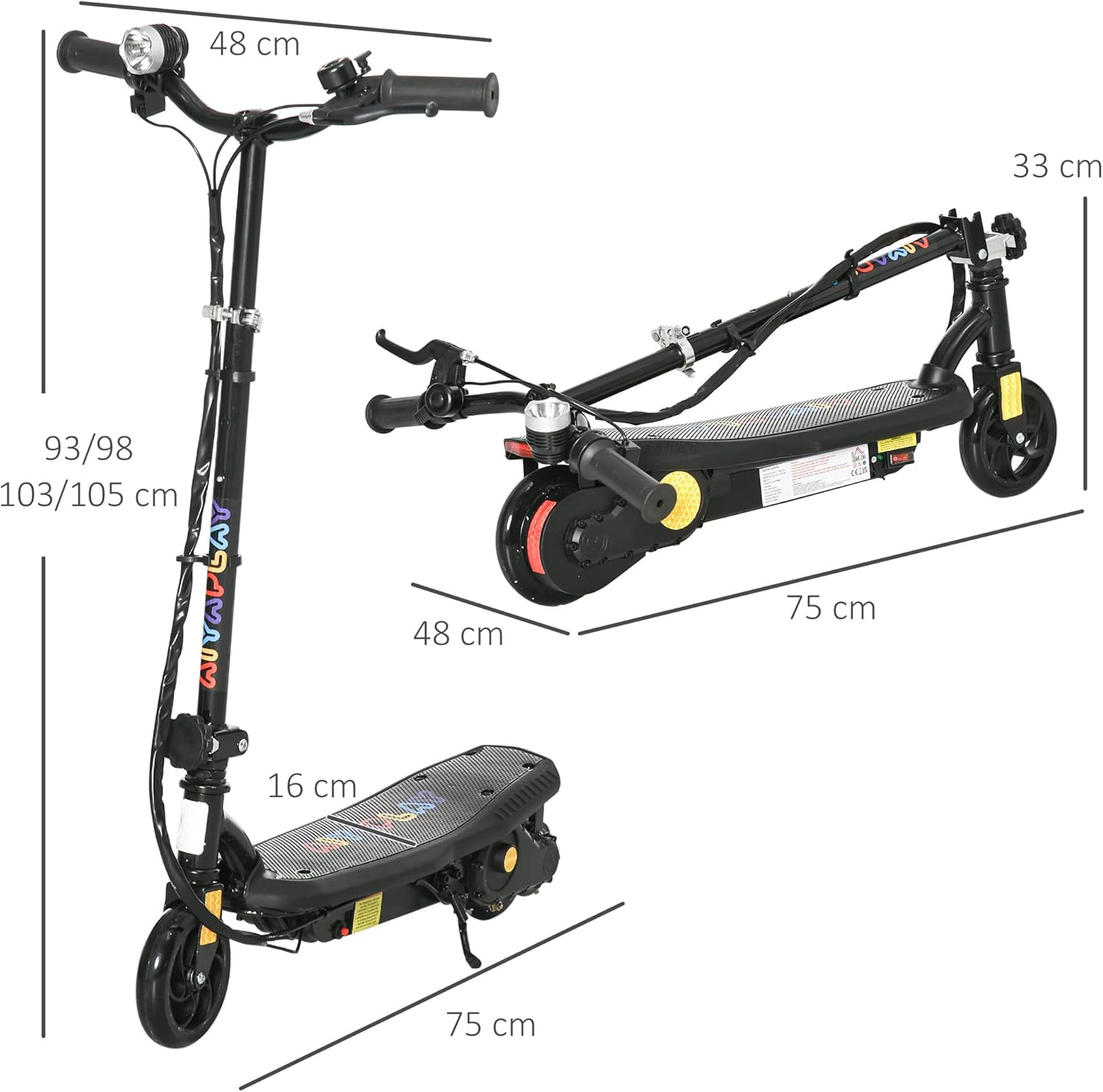 HOMCOM 120W E-Scooter Folding Electric Scooter with 12km/h Maximum Speed, Three Mode LED Headlight, Adjustable Height, Warning Bell, for Ages 7-14 Years-4