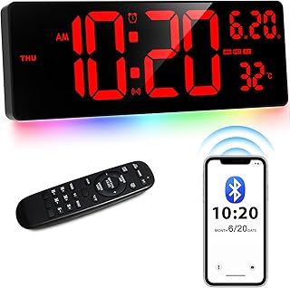 XREXS 16 Inch Bluetooth Digital Wall Clock, Auto Sync Time, 6 Colors Night Lights Large Digital Clock with Remote, Auto-Dimming Clock with Calendar/Timer/Alarm for Home, Gym, Office and Classroom