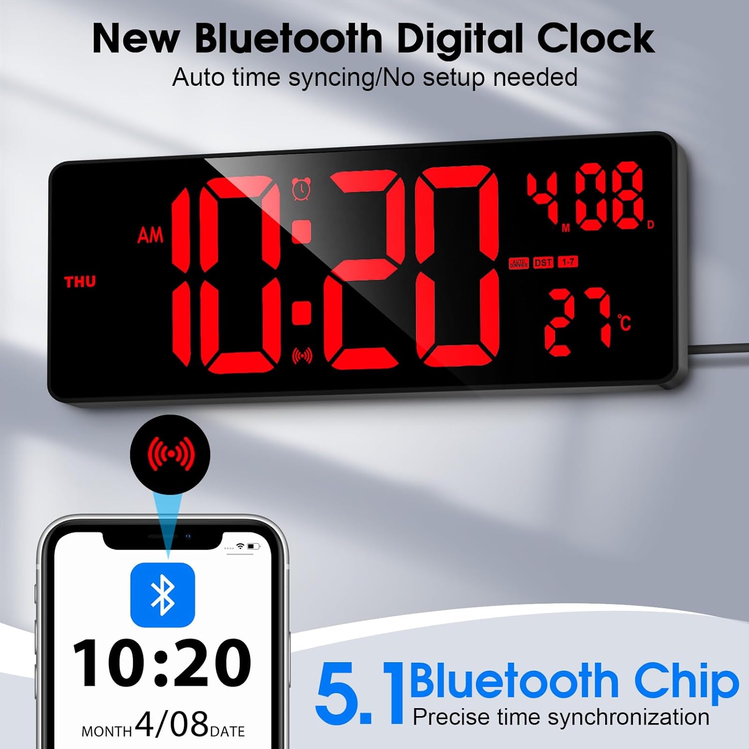 XREXS 16 Inch Bluetooth Digital Wall Clock, Auto Sync Time, 6 Colors Night Lights Large Digital Clock with Remote, Auto-Dimming Clock with Calendar/Timer/Alarm for Home, Gym, Office and Classroom-1