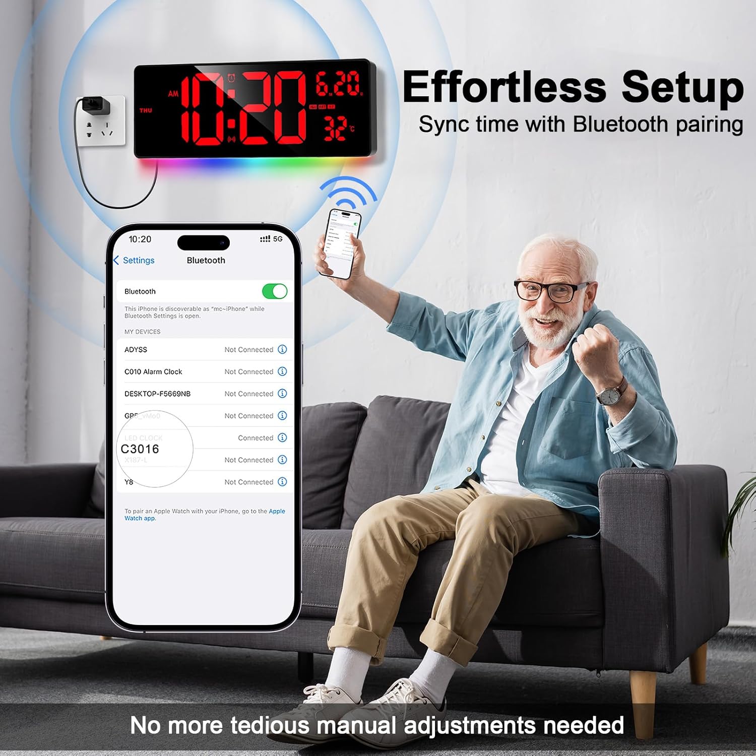 XREXS 16 Inch Bluetooth Digital Wall Clock, Auto Sync Time, 6 Colors Night Lights Large Digital Clock with Remote, Auto-Dimming Clock with Calendar/Timer/Alarm for Home, Gym, Office and Classroom-2