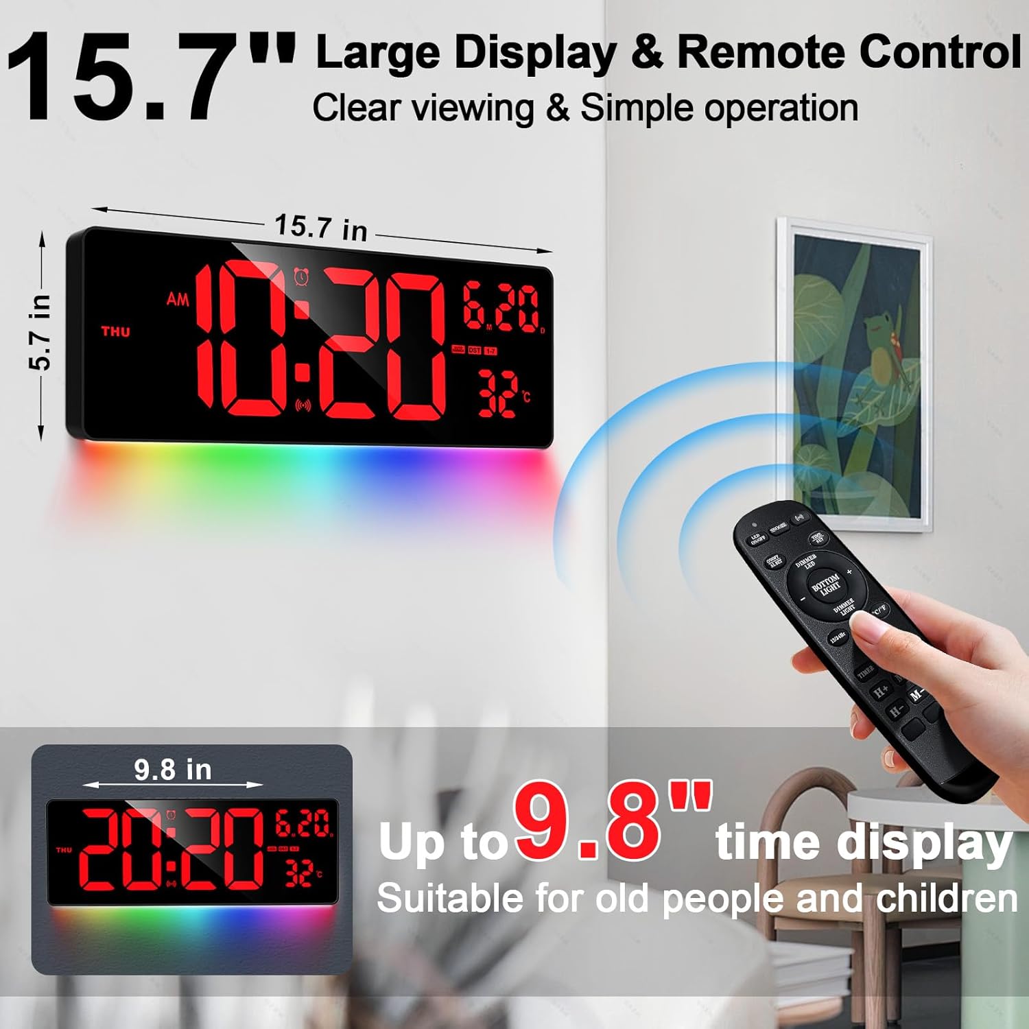 XREXS 16 Inch Bluetooth Digital Wall Clock, Auto Sync Time, 6 Colors Night Lights Large Digital Clock with Remote, Auto-Dimming Clock with Calendar/Timer/Alarm for Home, Gym, Office and Classroom-5