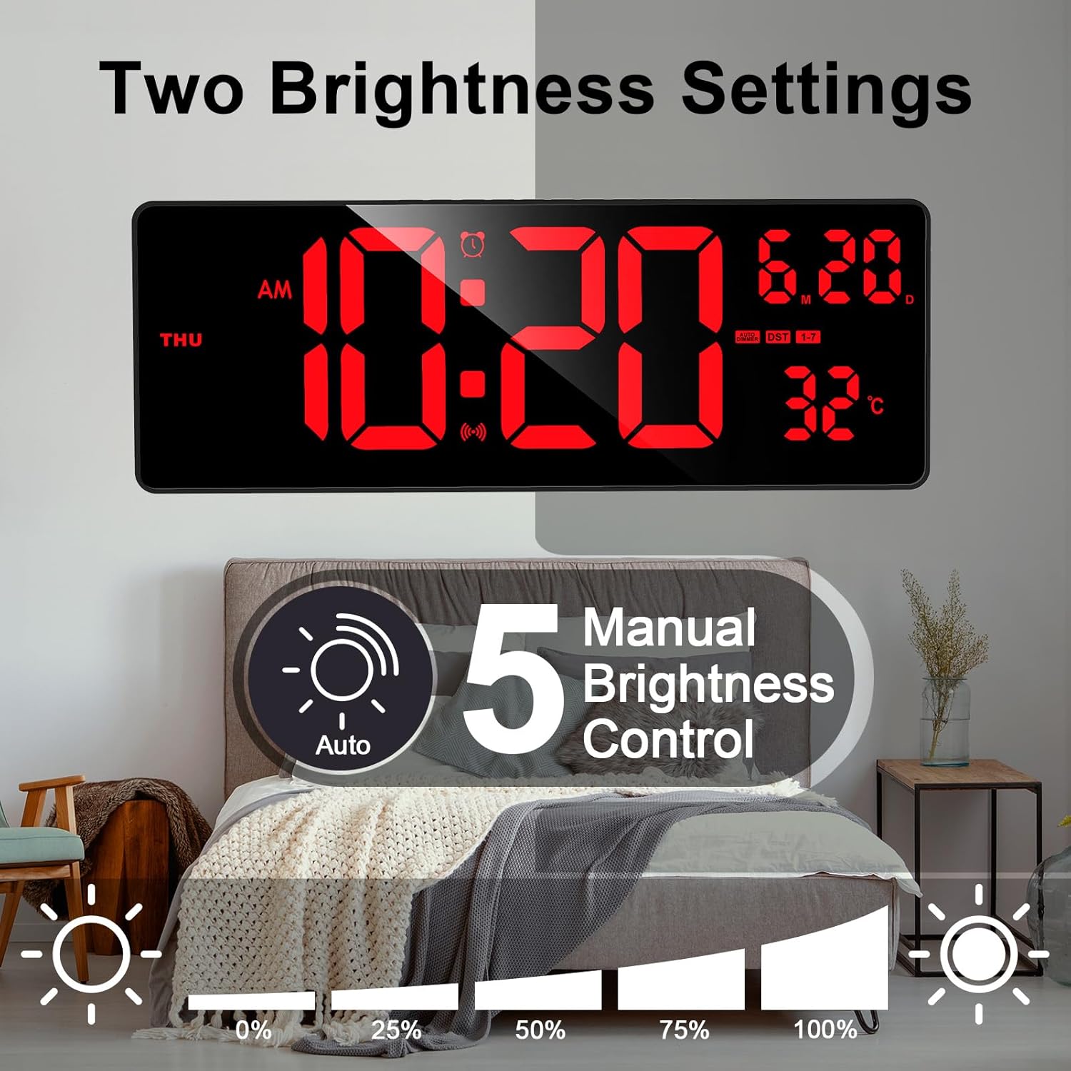 XREXS 16 Inch Bluetooth Digital Wall Clock, Auto Sync Time, 6 Colors Night Lights Large Digital Clock with Remote, Auto-Dimming Clock with Calendar/Timer/Alarm for Home, Gym, Office and Classroom-6