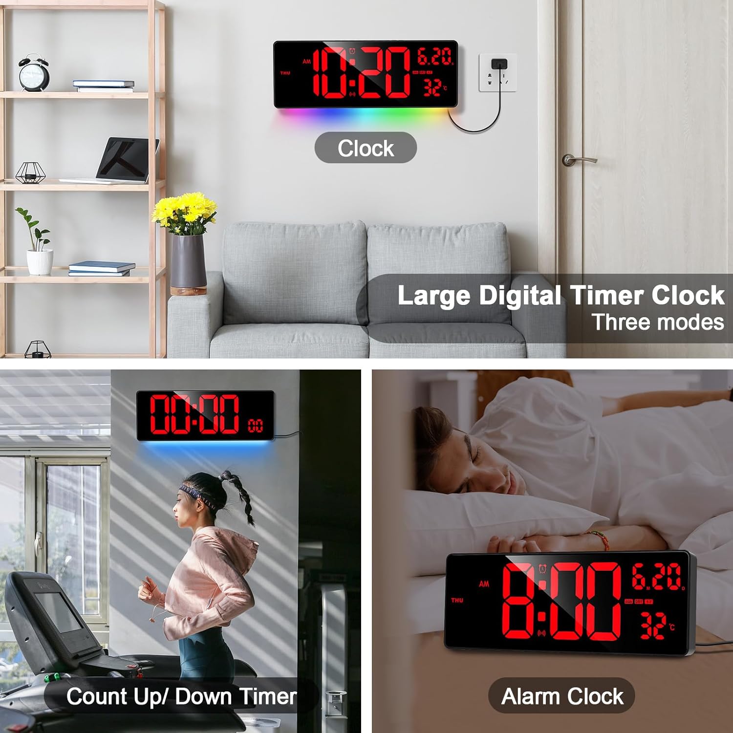 XREXS 16 Inch Bluetooth Digital Wall Clock, Auto Sync Time, 6 Colors Night Lights Large Digital Clock with Remote, Auto-Dimming Clock with Calendar/Timer/Alarm for Home, Gym, Office and Classroom-7