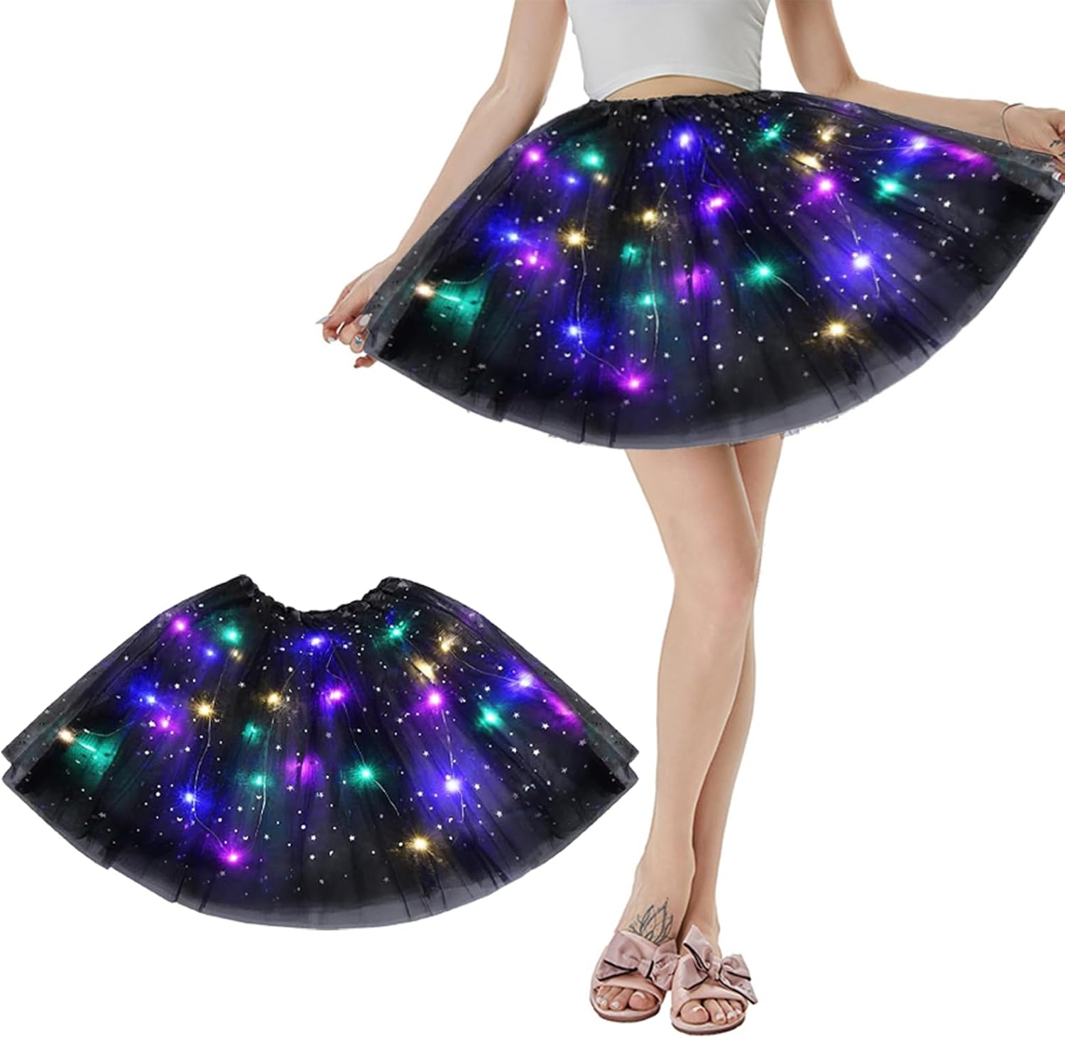 wimony Tutu Skirts for Women,Black Tutu Skirt,LED Light up Tutu Skirts for Adult Teen,Sequins Stars Elastic Skirt Suitable for Ballet Dance Parties,Halloween,Carnival,Costume Party-0