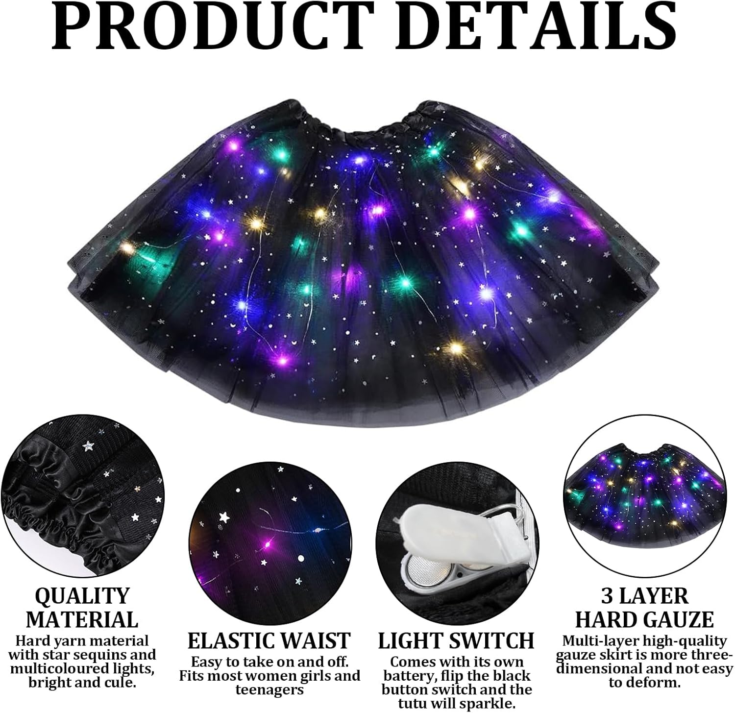 wimony Tutu Skirts for Women,Black Tutu Skirt,LED Light up Tutu Skirts for Adult Teen,Sequins Stars Elastic Skirt Suitable for Ballet Dance Parties,Halloween,Carnival,Costume Party-1