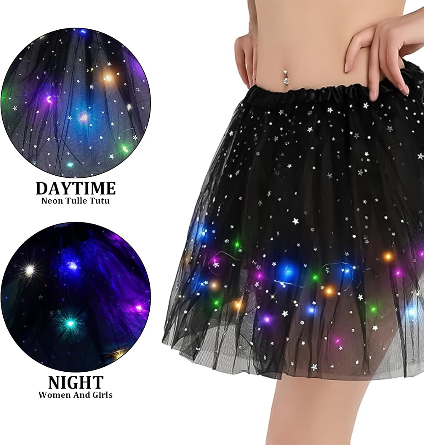 wimony Tutu Skirts for Women,Black Tutu Skirt,LED Light up Tutu Skirts for Adult Teen,Sequins Stars Elastic Skirt Suitable for Ballet Dance Parties,Halloween,Carnival,Costume Party-3