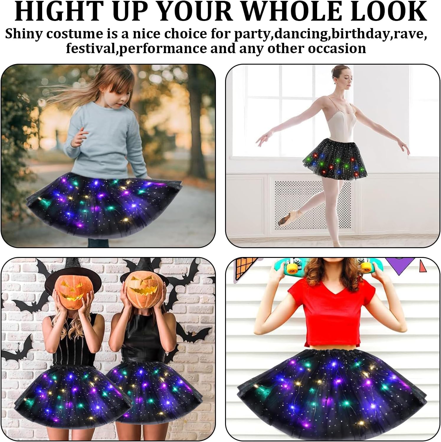 wimony Tutu Skirts for Women,Black Tutu Skirt,LED Light up Tutu Skirts for Adult Teen,Sequins Stars Elastic Skirt Suitable for Ballet Dance Parties,Halloween,Carnival,Costume Party-5