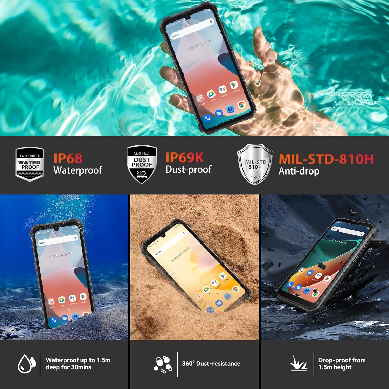 Blackview BV5300Pro Rugged Smartphone Android 14, 12GB+64GB/1TB, 6580mAh Battery, 6.1" HD+ Display, 3 Cards Slot, 13MP Waterproof Camera, P68&IP69K Outdoor Phones, 4G Dual SIM Unlocked,NFC/Face ID-5