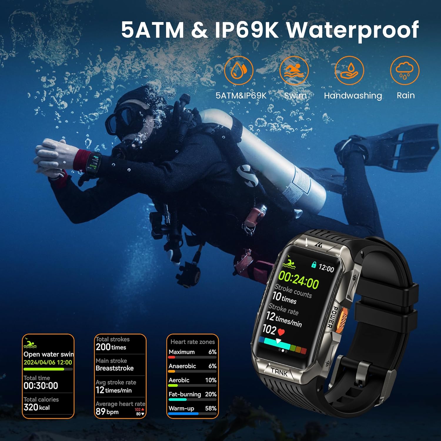 KOSPET TANK X2U Smart Watch with GPS, 50M Waterproof, Stainless Steel Body, 3D Curved Corning Gorilla Glass, Large Capacity Battery, Bluetooth Calling, 1.64" AMOLED Display. Pressure&Altitude&Compass-5