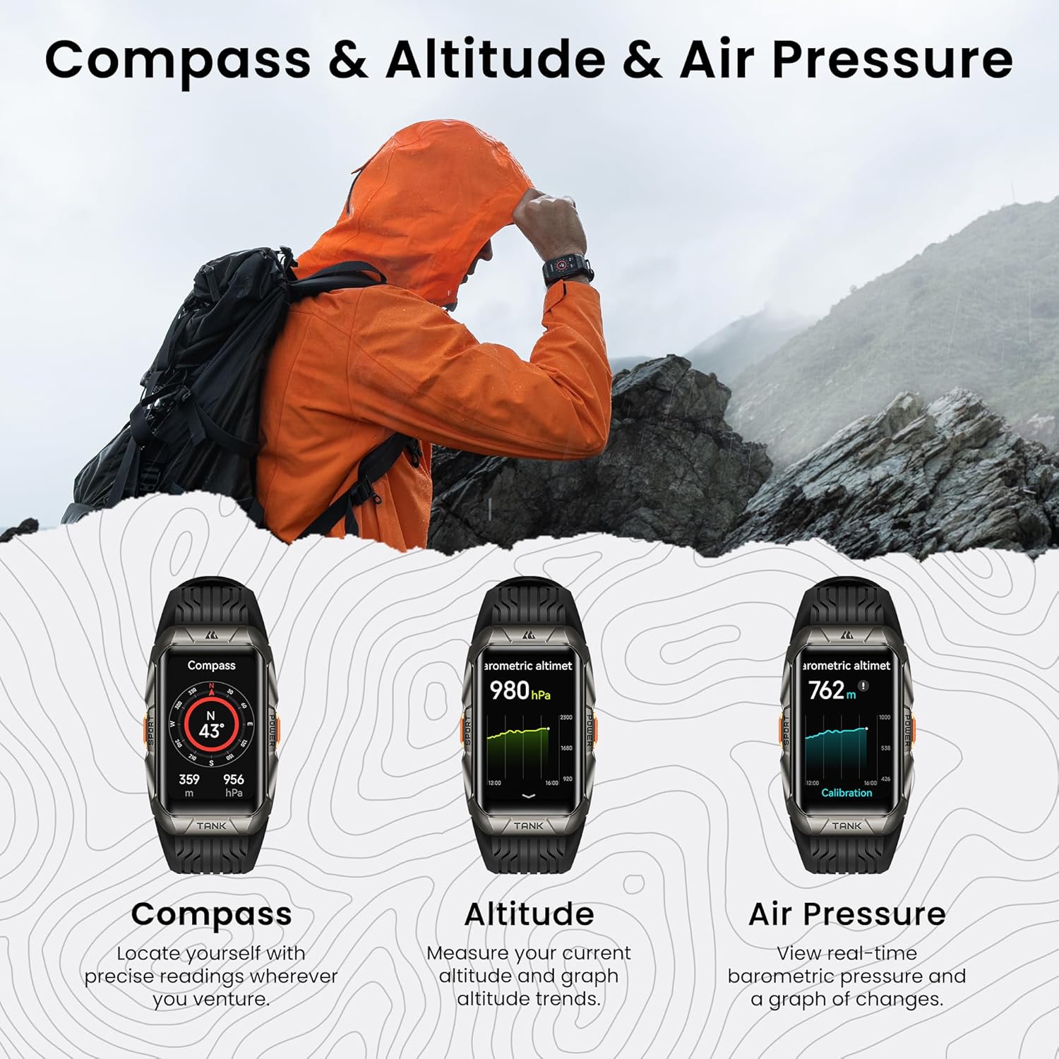 KOSPET TANK X2U Smart Watch with GPS, 50M Waterproof, Stainless Steel Body, 3D Curved Corning Gorilla Glass, Large Capacity Battery, Bluetooth Calling, 1.64" AMOLED Display. Pressure&Altitude&Compass-8