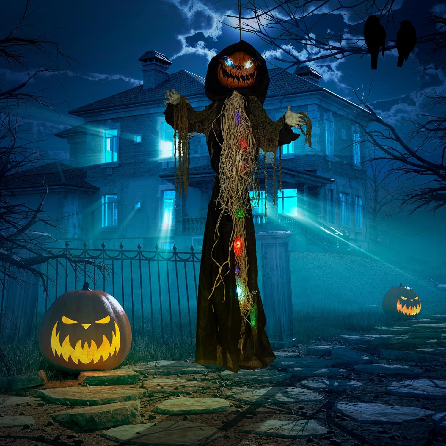 HOMCOM 198cm 78" Straw Pumpkin Halloween Decoration, Halloween Prop with Light Up Eyes, for Haunted House Indoor Outdoor Decor-1