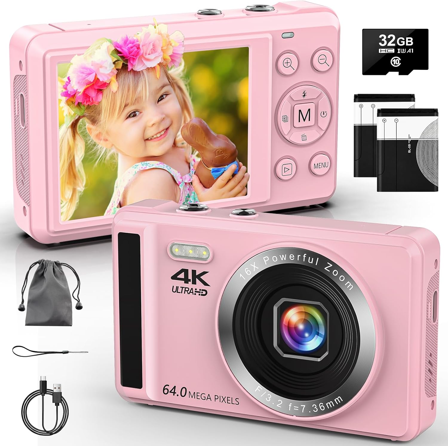 Digital Camera 4K 64MP Digital Camera with 32G SD Card Autofocus Vlogging Camera with Two 1200 mAh Batteries for Photography 16X Digital Zoom Mini Compact Camera for Kids Teenagers Beginners Adults-0