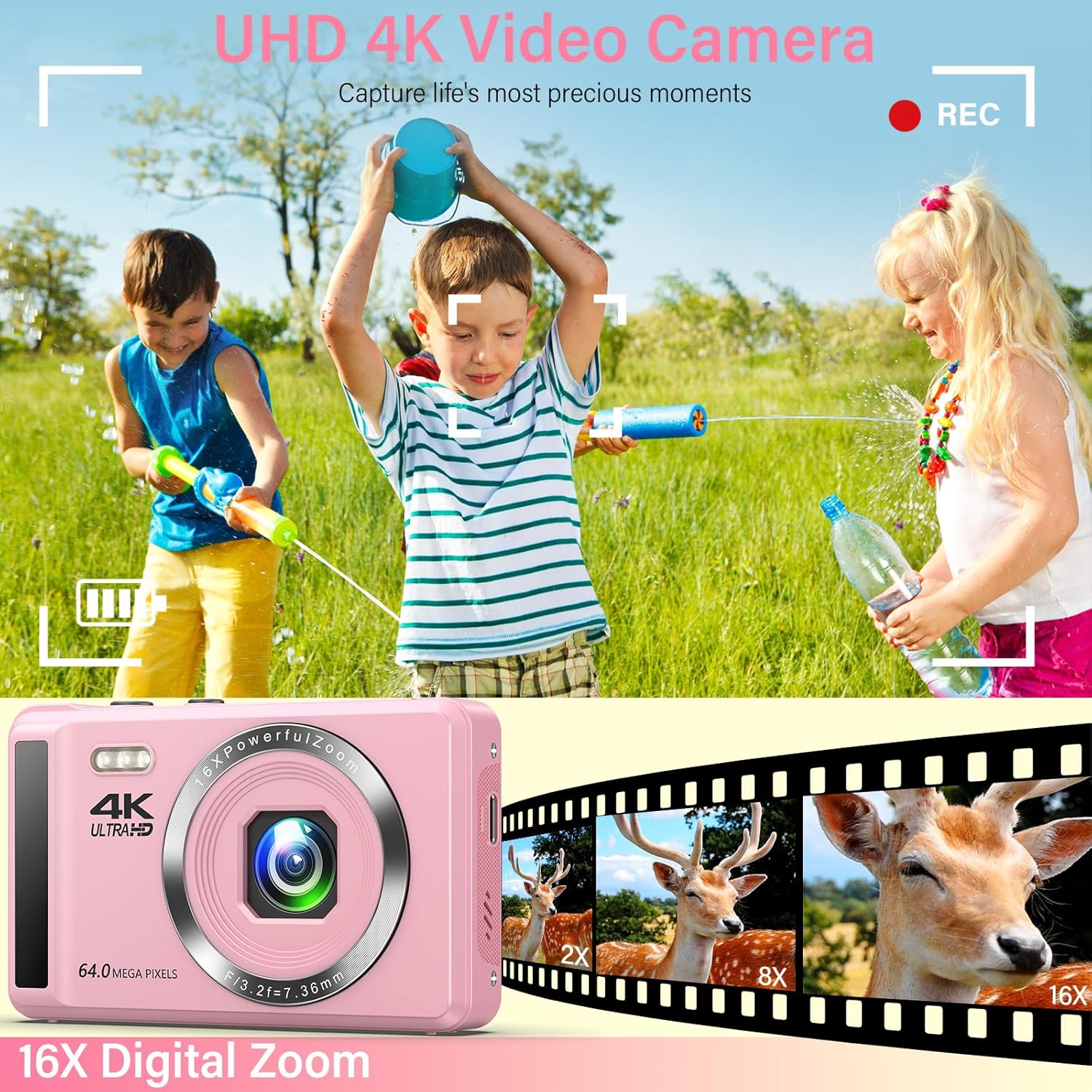 Digital Camera 4K 64MP Digital Camera with 32G SD Card Autofocus Vlogging Camera with Two 1200 mAh Batteries for Photography 16X Digital Zoom Mini Compact Camera for Kids Teenagers Beginners Adults-2