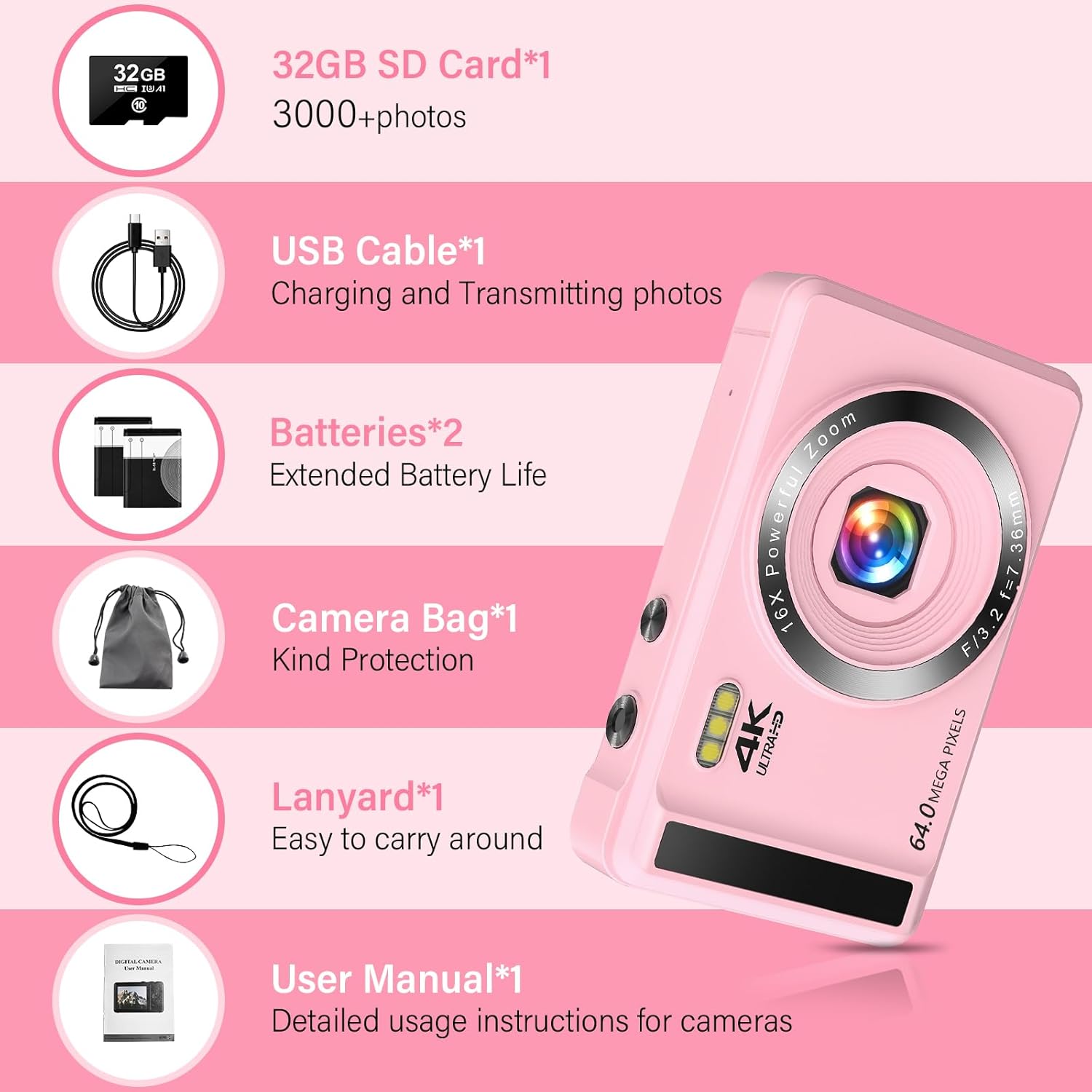 Digital Camera 4K 64MP Digital Camera with 32G SD Card Autofocus Vlogging Camera with Two 1200 mAh Batteries for Photography 16X Digital Zoom Mini Compact Camera for Kids Teenagers Beginners Adults-6