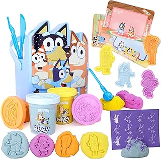 Toyland 17 Piece Bluey Dough Bucket Activity Set - 4 Dough, 3 Cutters, 1 Roller, 4 Stamps, 3 Wipeable Play Screens & 1 Bucket - Arts & Crafts Toys