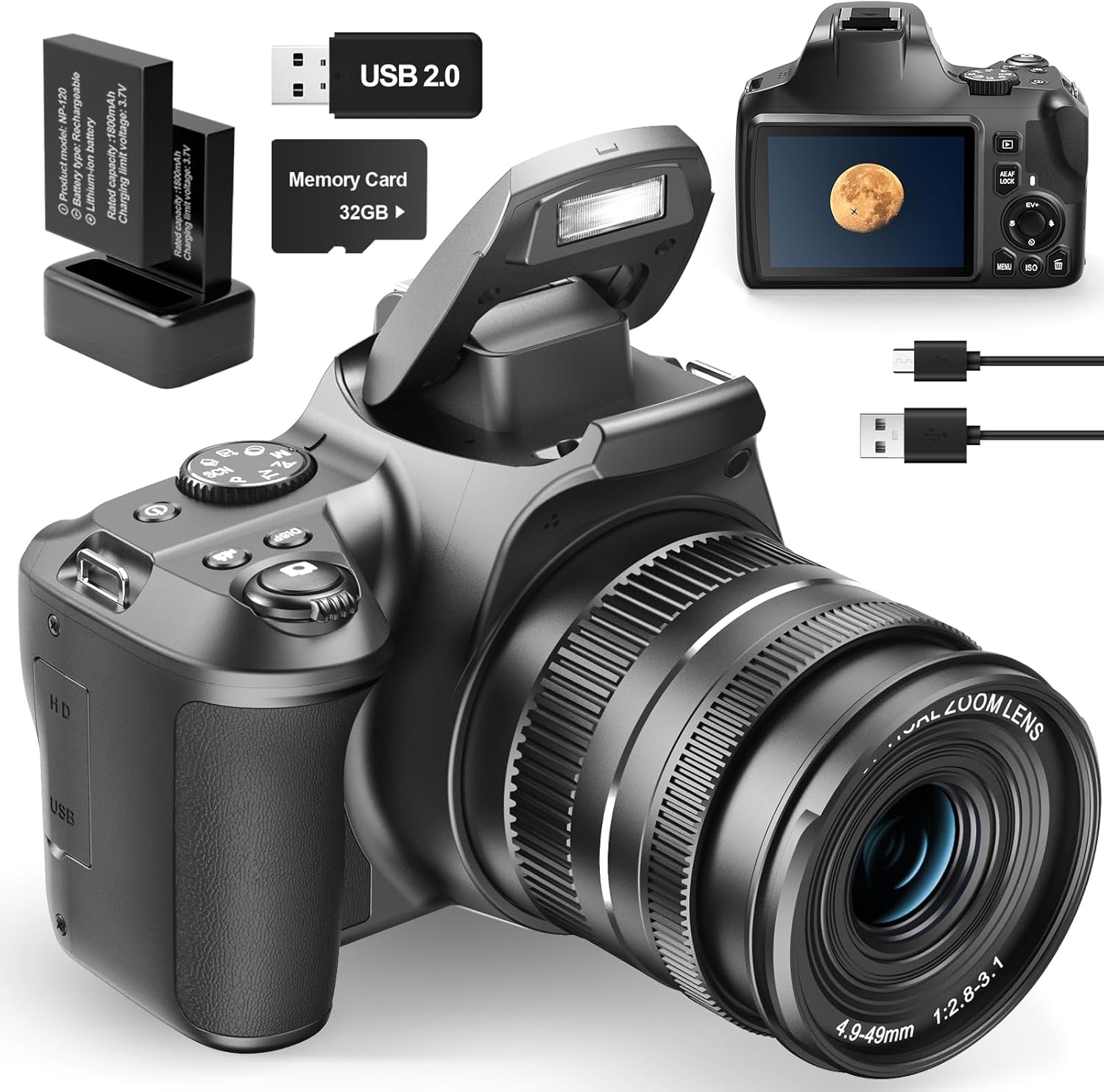 NBD 4K Digital Camera with 40X Zoom，64MP DSLR Camera for Photography Beginners，Autofocus 1080P HD Vlogging Camera with EIS，32GB SD Card，2 Batteries (Black)-0